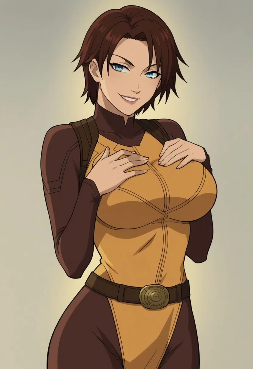 score_9, score_8_up, score_7_up, source_anime, anime coloring, anime screencap, meetra surik, short hair, brown hair, blue eyes, large breasts, solo, bodysuit, belt, hand on breasts, smirk, detail background,