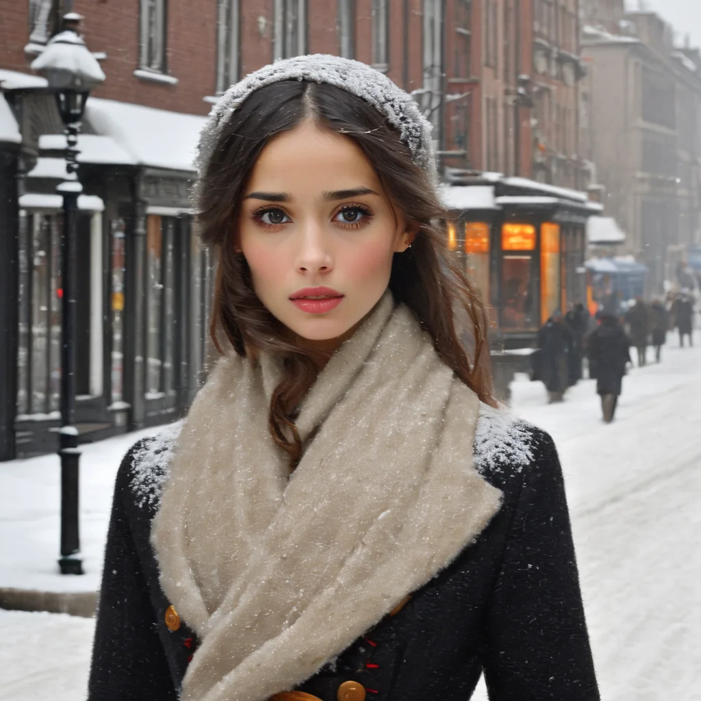 a creation by frederike helwig of an Exquisite woman looking like selestxl3 at a city street at a cold winter day.