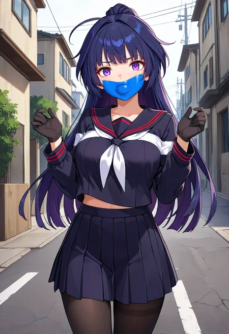 masterpiece, best quality,
1girl, raiden mei, long hair, breasts, black serafuku, long sleeves, black gloves, pantyhose,
looking at viewer, outdoors, cowboy shot, standing,
tape gag,
<lora:stuffedtapegagnoobvpredmerge2:1>