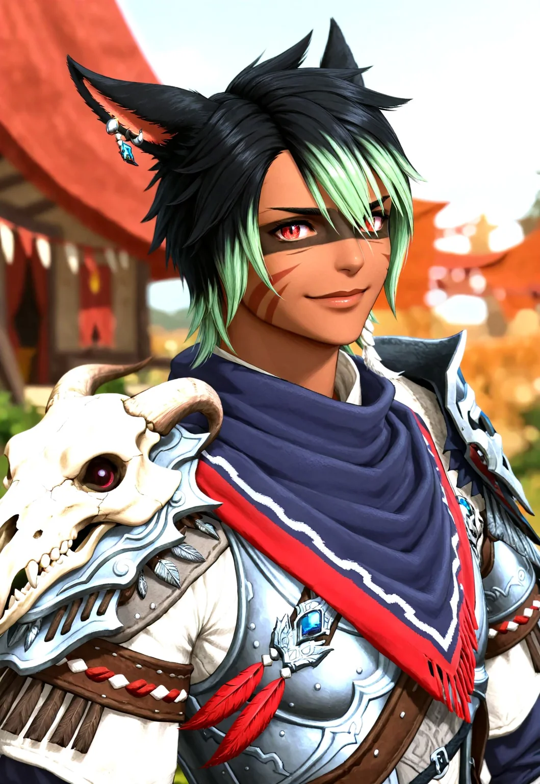 masterpiece, best quality, KrhisT1A, blurry background, animal ears, miqo'te, solo, depth of field, cat ears, green hair, multicolored hair, smile, looking at viewer, 1boy, jewelry, dark skin, earrings, facial mark, shoulder armor, two-tone hair, male focus, upper body, slit pupils, short hair, pauldrons, braid, armor, black hair, red eyes, outdoors, scarf, facepaint, animal skull,