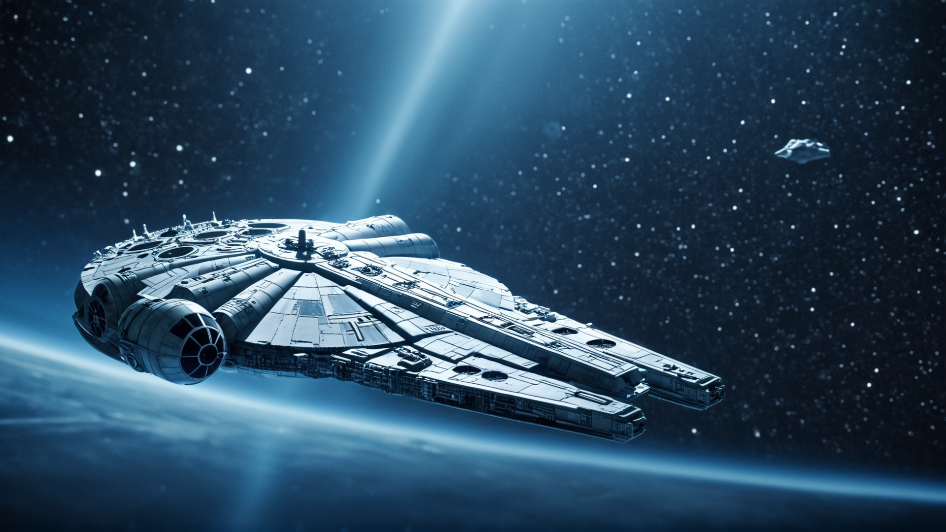cinematic film still of  <lora:star wars style v2:0.2>
<lora:detailed:0.2> 
<lora:perfection style:0.2>
<lora:Ron Fricke style:0.1>
 <lora:Millennium Falcon:0.8>
Millennium Falcon (YT-1300 light freighter) a blueprint of a millennium fighter and a millennium fighter,monochrome,no humans,scenery,science fiction,blue theme,spacecraft,concept art , star wars style, shallow depth of field, vignette, highly detailed, high budget, bokeh, cinemascope, moody, epic, gorgeous, film grain, grainy