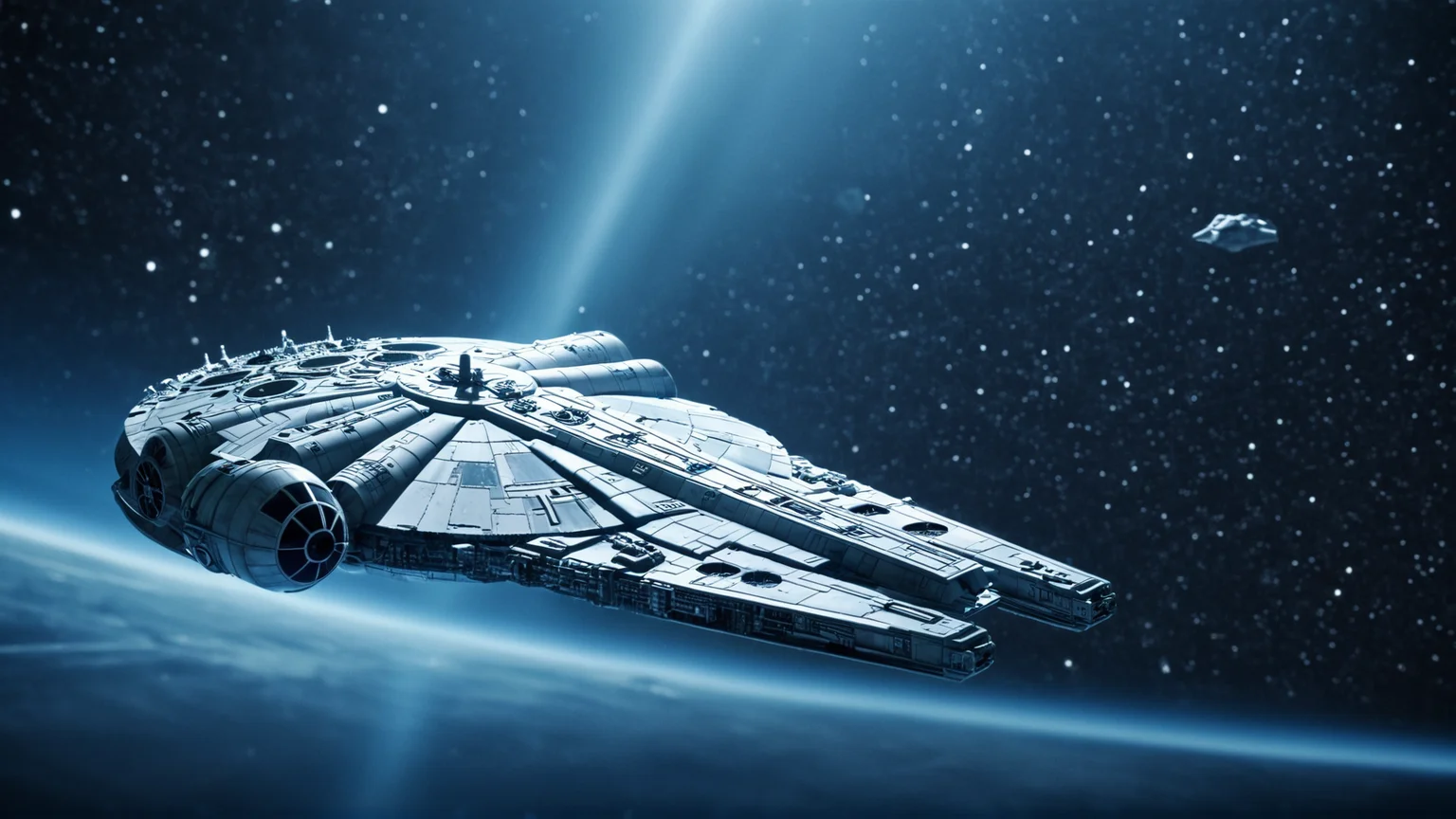 cinematic film still of <lora:star wars style v2:0.2>
<lora:detailed:0.2>
<lora:perfection style:0.2>
<lora:Ron Fricke style:0.1>
<lora:Millennium Falcon:0.8>
Millennium Falcon (YT-1300 light freighter) a blueprint of a millennium fighter and a millennium fighter,monochrome,no humans,scenery,science fiction,blue theme,spacecraft,concept art , star wars style, shallow depth of field, vignette, highly detailed, high budget, bokeh, cinemascope, moody, epic, gorgeous, film grain, grainy