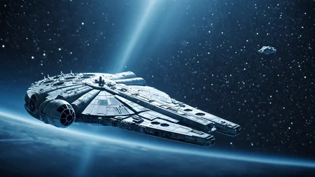 cinematic film still of <lora:star wars style v2:0.2>
<lora:detailed:0.2>
<lora:perfection style:0.2>
<lora:Ron Fricke style:0.1>
<lora:Millennium Falcon:0.8>
Millennium Falcon (YT-1300 light freighter) a blueprint of a millennium fighter and a millennium fighter,monochrome,no humans,scenery,science fiction,blue theme,spacecraft,concept art , star wars style, shallow depth of field, vignette, highly detailed, high budget, bokeh, cinemascope, moody, epic, gorgeous, film grain, grainy