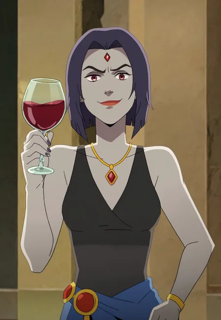 NDAA Style,1girl, raven, grey skin, forehead jewel, cocktail dress, solo, holding wineglass, red wine, (smirk)