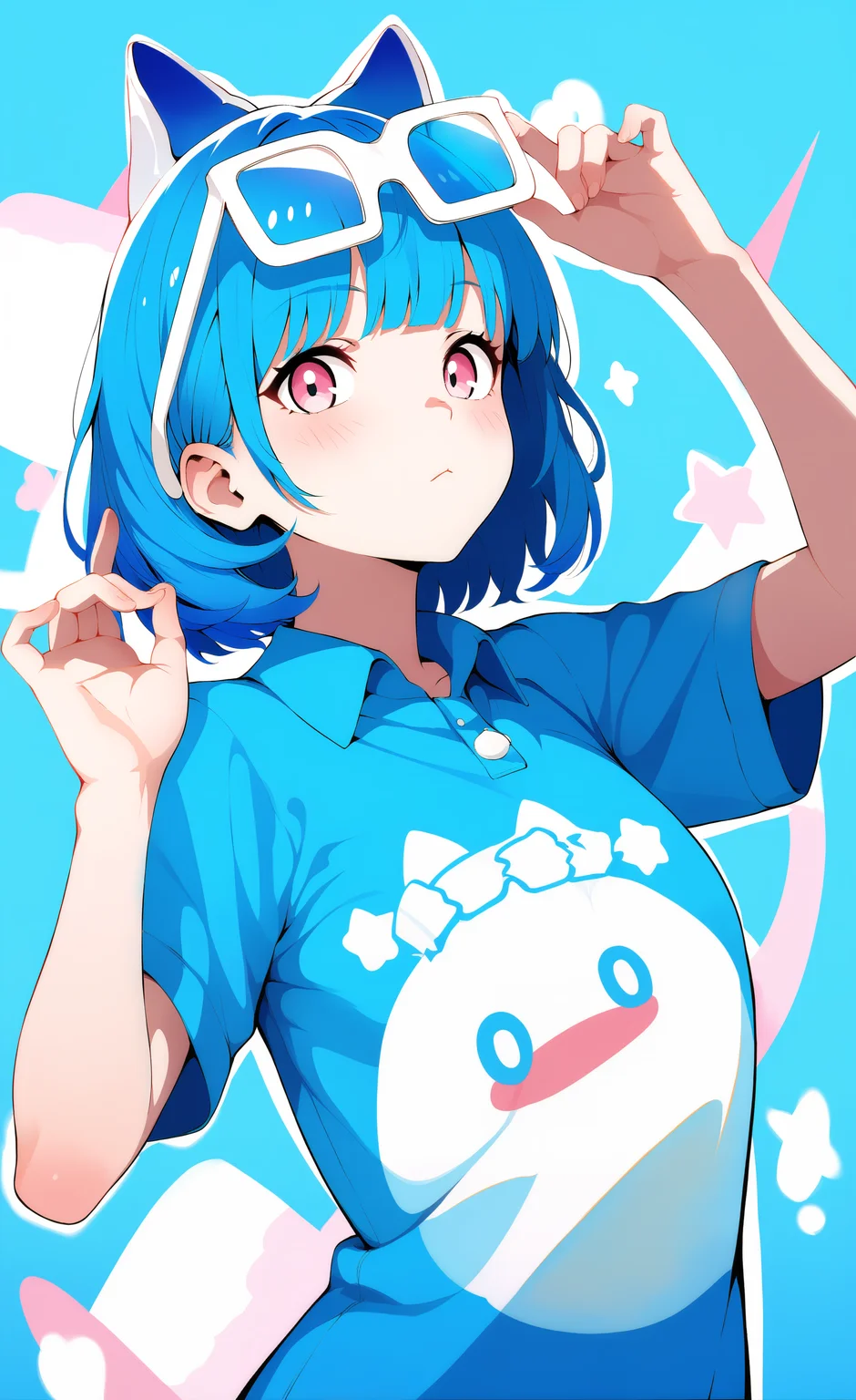 masterpiece, best quality, good quality, very aesthetic, absurdres, newest,1girl, solo, blush, shirt, ribbon, blue_hair, upper_body, short_sleeves, collared_shirt, medium_hair, pink_eyes, star_\(symbol\), hands_up, blue_background, animal, blue_shirt, cat, blue_ribbon, animal_print, adjusting_eyewear, on_head, print_shirt, white_eyes, animal_on_head, white_cat, cat_print, white-framed_eyewear, cat_on_head, looking_at_viewer <lora:ponyv5_noobE11_1_adamW-000013:0.8> <lora:MeMaXL4:0.6>