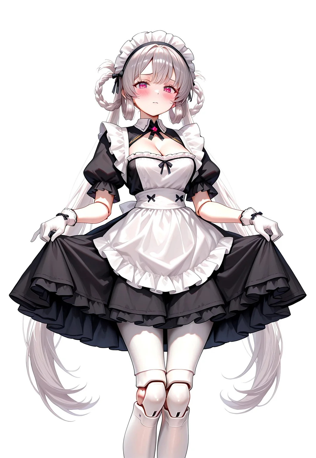 masterpiece, best quality, absurdres, very aesthetic, anptzisksk, isekai, 1girl, solo, long hair, looking at viewer, blush, simple background, gloves, white background, dress, cleavage, twintails, very long hair, standing, short sleeves, grey hair, pantyhose, frills, puffy sleeves, white gloves, apron, black dress, puffy short sleeves, maid, maid headdress, feet out of frame, hair rings, white pantyhose, skirt hold, joints, doll joints