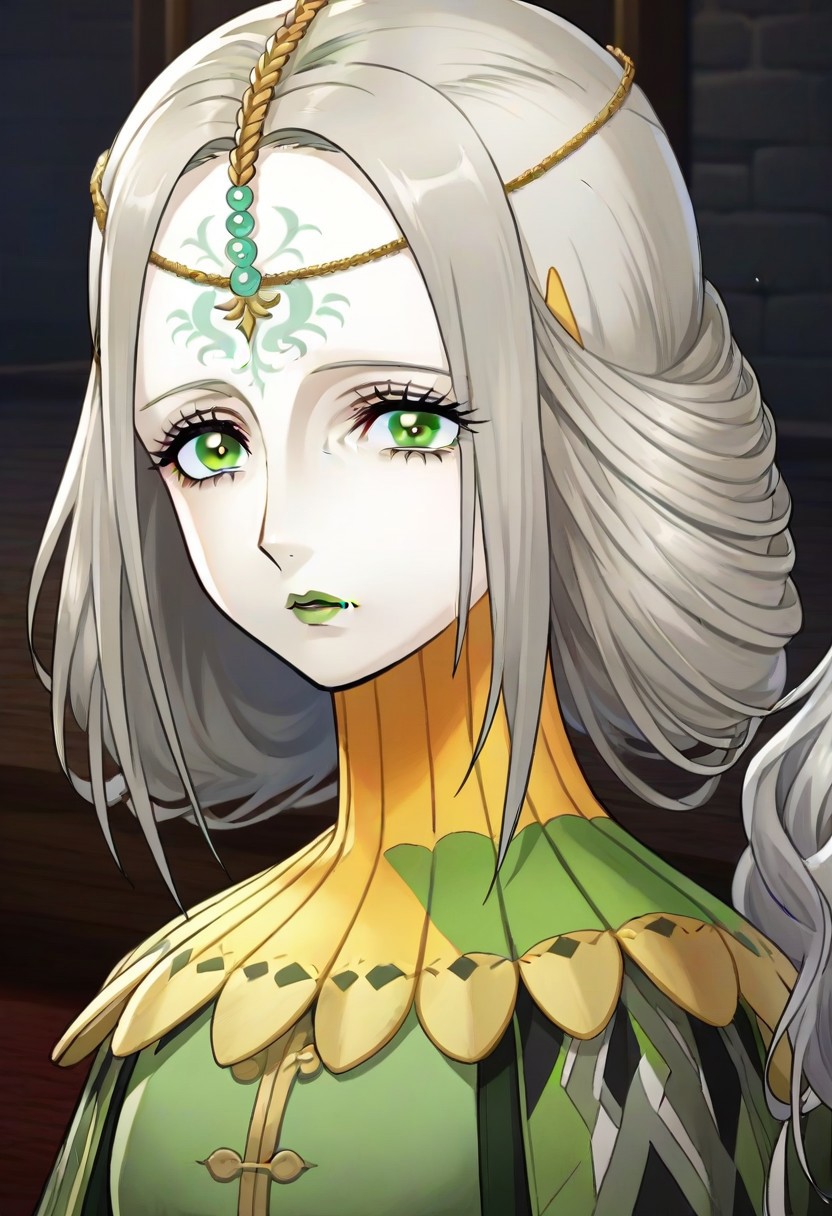source_anime, 1girl, white skin, grey hair, forehead tattoo, green eyes, green lips, hair decoration, head chain, wrinckles, high yellow collar, medieval dress, white and green dress,<lora:Joanna_-_Metaphor_ReFantazio_-_Pony:1>