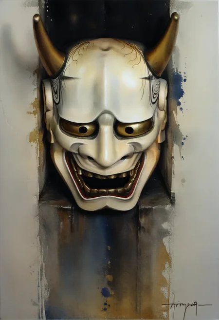 score_9,score_8_up,score_7_up,
Illustration of a man wearing a Hannya mask,35 years old,mature man,Japanese samurai,19th century,dramatic lighting,high contrast,decorative,atmospheric,haunting beauty,texture,(dynamic angle),
Front view,splash art,highly detailed illustration,trending on Artstation,paint splashes,perfect composition,watercolor,sharp focus,intricate details,highly detailed,
Hannya mask (1.3),see-through haori (1.2),tumbling motion (1.0),1970s drama style (0.8),dynamic pose (0.9),thin cloth fluttering in the background (0.8),dramatic lighting (0.7),cinematic composition (0.6),short hair with a topknot,black hair,left hand covering face,
<lora:BDpony_Hannya_V1:0.8>,Hannya,
white background,
<lora:Midjourney_5:0.6>,<lora:WaterColorV3:0.8>,watercolor,