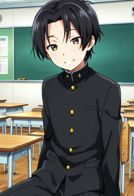 official art, finetuneanime, anime screencap, detailed art, ultra detailed art, score_9, score_8_up, score_7_up, masterpiece, anime screencap, Akira, 1boy, solo, petite boy, brown eyes, black hair, male body, short hair, black hair, parted bangs, parted lips,
BREAK
school uniform, gakuran, jacket
BREAK
cowboy shot, side view, sitting on chair, classroom, looking at viewe, smiling, japanese school background, detailed background, perfect light,