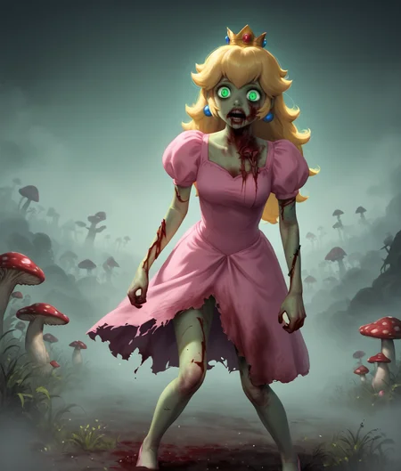 Zombie girl, fog, realistic, solo, dark lighting, rage, rotting mushrooms in backround, mushrooms growing on body, decayed, gore, rotting, green skin, princess peach, pink dress, blonde hair, bloody face, missing face, glowing green eyes, <lora:Zombie_Gals_1.1:0.7>