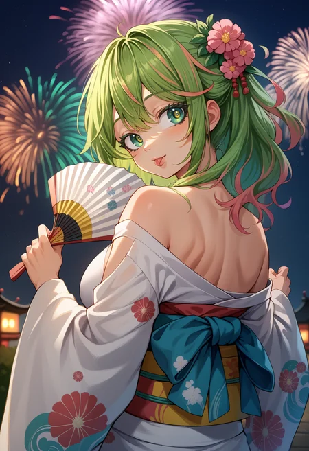 score_9,score_8_up,score_7_up BREAK 1girl,jelotuhe,solo,from behind,hand fan,holding fan,night,fireworks,multicolored hair,multicolored eyes,kimono,off shoulder,looking back,head tilt,tongue out,<lora:Toru_Hagakure-JeloXL-000009:1>,
