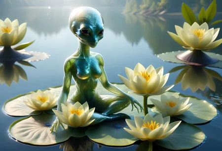 <lora:tranzp:1> tranzp style, a transparent creature with clear glass skin sitting on a lily pad in a lake <lora:cyberanatomy:0.4> cyberanatomy, blood vessels, intestines, colon, small intestine, guts, unidentifiable alien organs, nervous-system, teeth, smiling,  <lora:artfullyALIEN_SDXL_V1:0.6> artln