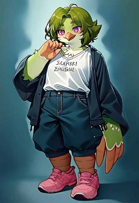 zuppu11, avian, green skin, anthro female, pink eyes,  score_9, score_8_up, score_7_up, zPDXL3, full body, zPDXLpg, fluxPaint