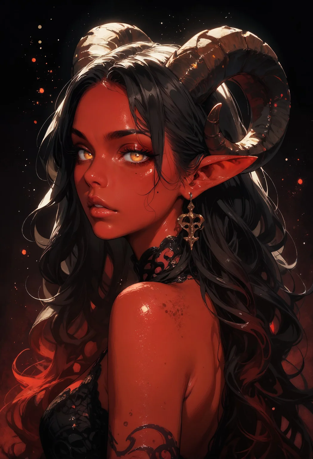 score_9, score_8_up, score_7_up, score_6_up, score_5_up, score_4_up,  1girl, solo, flowing hair, glowing red eyes, curved ram horns, sharp ears, red skin, demoness, cradling a black sheep, limited red palette, monochromatic, eerie atmosphere, big butt, booty, bubble butt, seductive, makeup, eyeliner, eyeshadow, dark background, neon, contour light, dynamic scene, detailed, masterpiece, wide angle