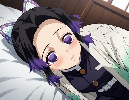 score_9, score_8_up, score_7_up, source_anime,
shinobukochou, <lora:shinobu-kochou-anime-ponyxl-lora-nochekaiser:1>,
shinobu kochou, animal print, black hair, butterfly, butterfly hair ornament, butterfly print, forehead, gradient hair, hair ornament, haori, multicolored hair, parted bangs, purple hair, short hair, two-tone hair,
belt, black pants, butterfly print, coat, demon slayer uniform, haori, japanese clothes, pants, uniform,
indoors, bed, bed room, on side, blush, drunk,
solo, dutch angle, looking at viewer, cowboy shot,