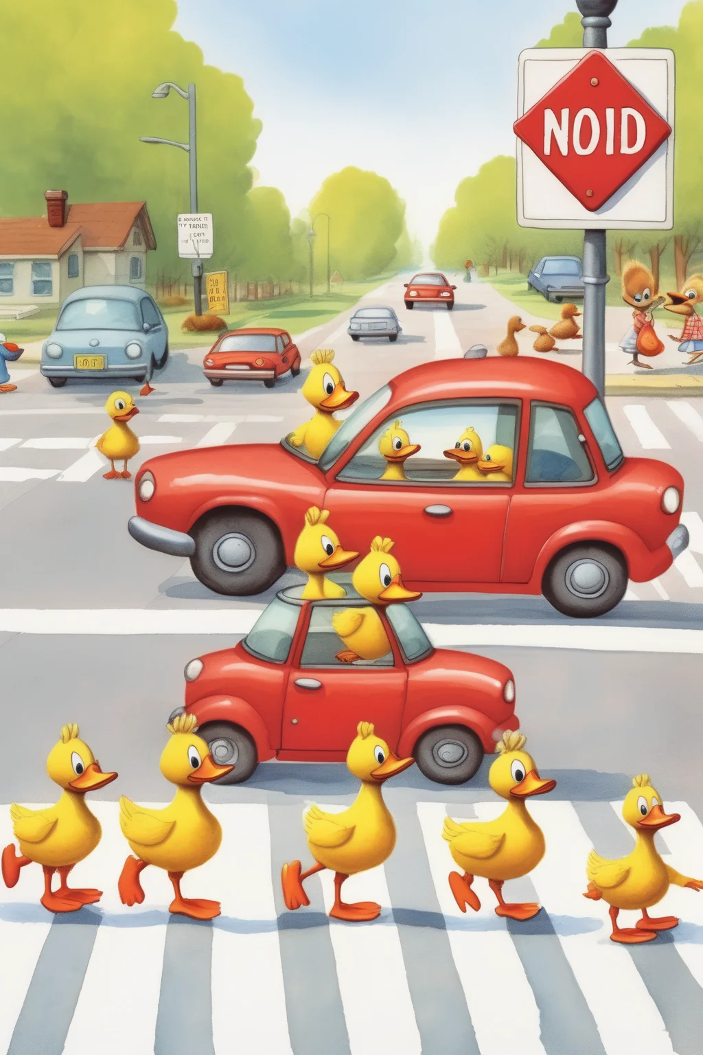 <lora:Richard Scarry Style:1>Richard Scarry Style - a lighthearted playful caricature where a red car is stopping at a crosswalk to allow a family of ducks to cross the road.