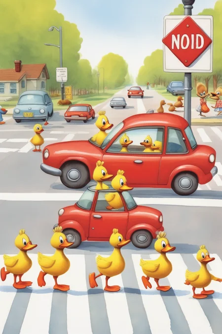 <lora:Richard Scarry Style:1>Richard Scarry Style - a lighthearted playful caricature where a red car is stopping at a crosswalk to allow a family of ducks to cross the road.