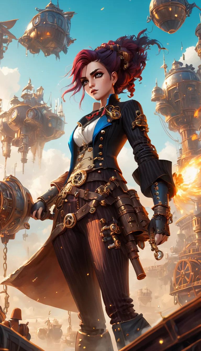 Steampunk pirate queen fighting robots, extremely beautiful detailed piercing eyes, flying though a paradox, cinematic scene, scenery, detailed background, masterpiece, best quality, high quality, highres, absurdres, very detailed, high resolution, sharp, sharp image, 8k, vivid, colorful, stunning, arcane style <lora:arcance_style_xl_v1:1>