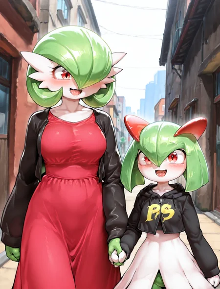 (2girls:1.5), (general:1.3), (detailed background:1.3), city, day, urban, street, (streetwear:1.5), (casual:1.3), holding hands, happy, height difference, BREAK
<lora:Kirlia_-_IL_Version:1> (((Kirlia))), female, anthro, BREAK city
<lora:Gardevoir-Pokemon-IL:1> (Gardevoir_\(Pokemon\):1.2), Red Eyes, Green-White Skin, Red Chest Spike, Hair Covering right side of face, BREAK
Neromashin_Style_SKNSFW, P3ng01nd00, S0d3v111111m0, (8K:1.2), (masterpiece:1.2), best quality, amazing quality, very aesthetic, absurdres, newest, <lora:ishikeXLillokrV53P1T1:0.5> <lora:AIã¤ã©ã¹ããããã_style_illustrious_goofy:0.5> <lora:ahemaru_777:0.65> <lora:Neromashin_Style_SKNSFW:0.55> <lora:Penguindou:0.35> <lora:Sodeviiiiiimu_Style:0.4> <lora:cfg_scale_boost:0.7> <lora:NOOB_EPSv1_1_detailer_by_vlnvk_v1_0:2.0> BREAK