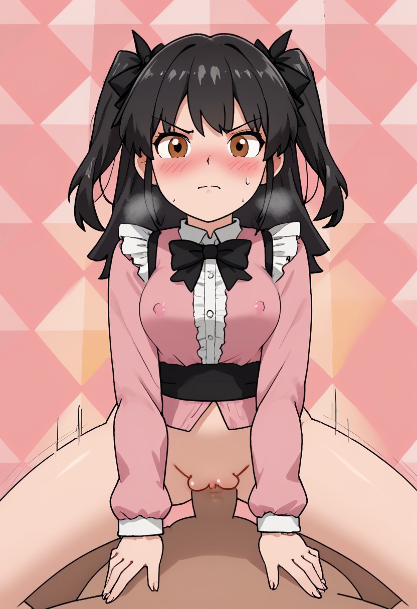 score_4,score_5,score_6,score_7_up,score_8_up,score_9 ((masterpiece,best quality,ultra detailed,highres,HD,4k:1.2)), 
Colorful background,
1 girl,1boy,hetero,pov,solo forcus,girl forcus,
fuyuko mayuzumi, black hair,brown eyes,long hair, ((two side up)), black bow, black bowtie, black ribbon, bow, bowtie, frilled shirt, frills, jirai kei, long sleeves, neck ribbon, (pink shirt), ribbon,
 perfect penis,perfect nipples,perfect pussy, ((nsfw,Expressive,sex,straddling,cawgirl,cawgirl sex)), frown,closed mouth,Grumpy, angry,
blush,arousal, orgasmic arousal, sweat, steam,heart,heart effect,
((motion blur, motion lines:1.2))