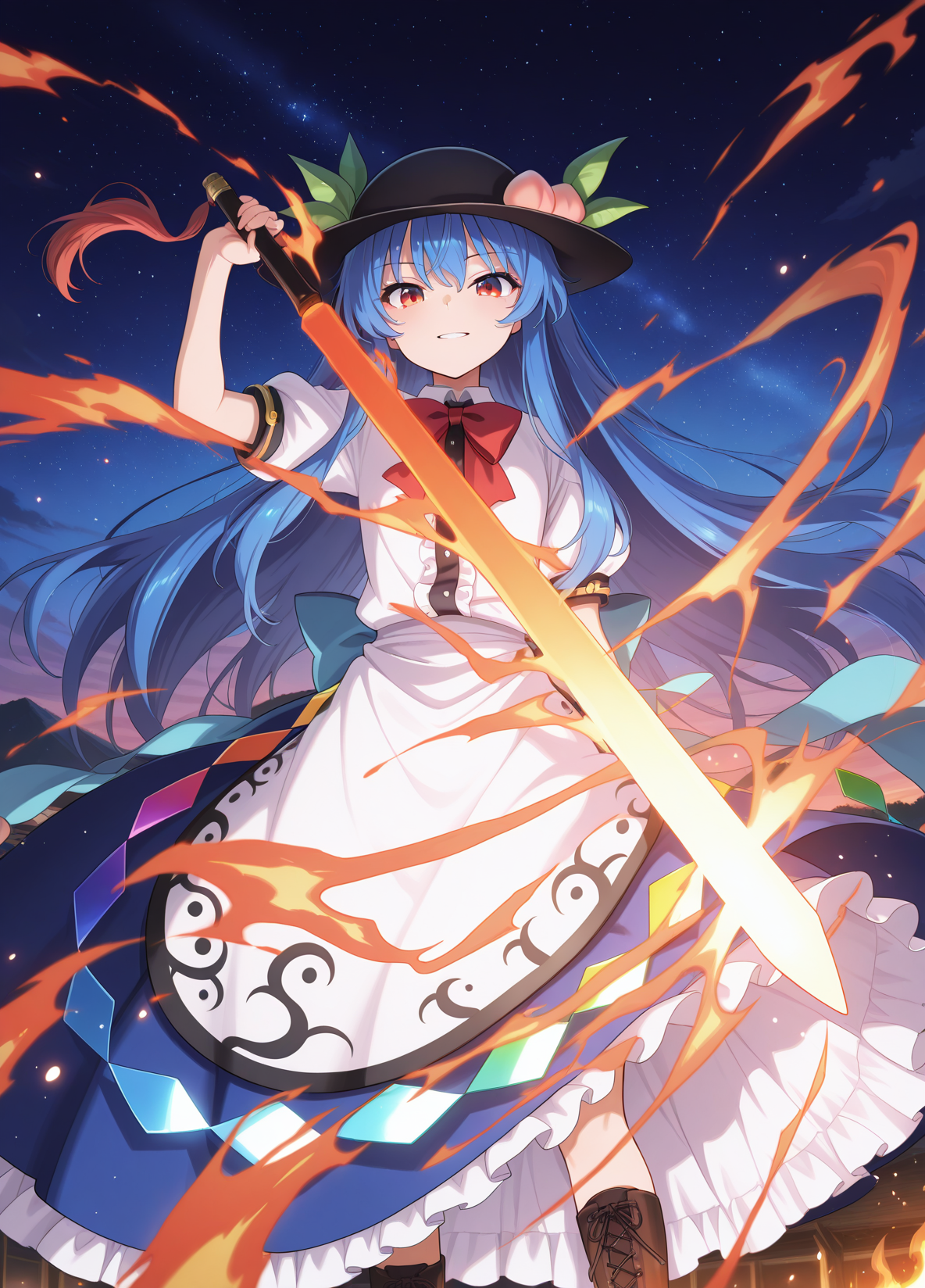 absurdres, highres, masterpiece, best quality, amazing quality, official anime artwork, screencap, anime screencap, outdoors, looking at viewer, light smile, dynamic pose,
<lora:Tenshi-Hinanawi_Illustrious:1> hinanawi tenshi, 1girl, solo, red eyes, blue hair, long hair, hat, peach hat oranement, red bowtie, white shirt, short sleeves, apron, petticoat, blue skirt, holding, sword of hisou, kaname-ishi , 
light particles, night, sky, starry sky, star, floating hair, teeth, fire,