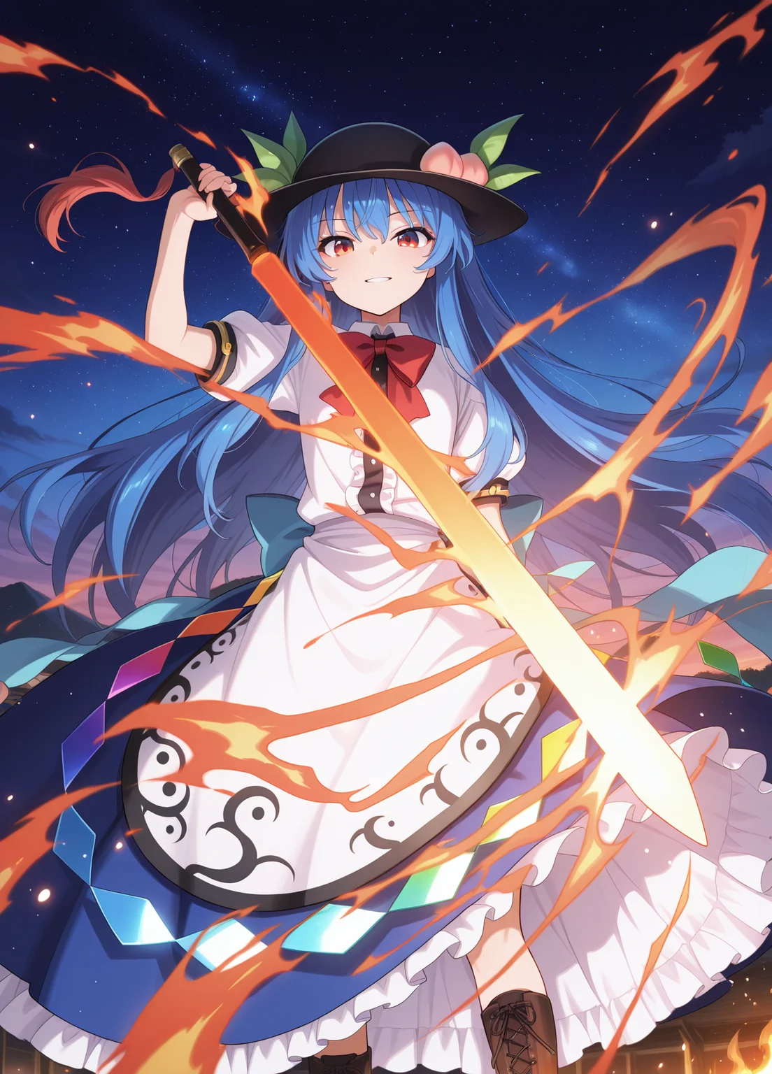 absurdres, highres, masterpiece, best quality, amazing quality, official anime artwork, screencap, anime screencap, outdoors, looking at viewer, light smile, dynamic pose,
<lora:Tenshi-Hinanawi_Illustrious:1> hinanawi tenshi, 1girl, solo, red eyes, blue hair, long hair, hat, peach hat oranement, red bowtie, white shirt, short sleeves, apron, petticoat, blue skirt, holding, sword of hisou, kaname-ishi ,
light particles, night, sky, starry sky, star, floating hair, teeth, fire,