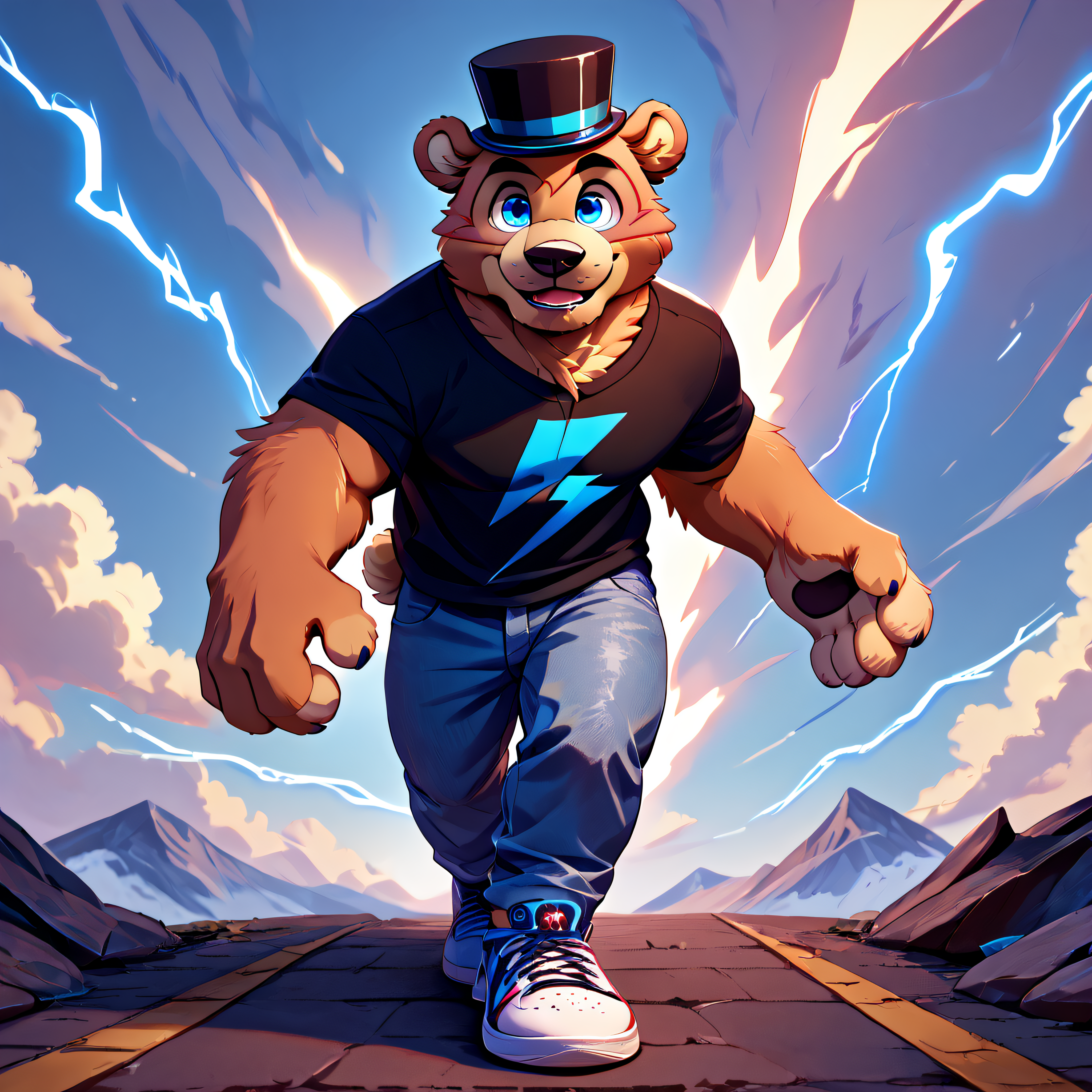 <lora:bigfreddy_ponyxl-10v1_1:1> score_9, score_8_up, score_7_up, BREAK, indoor, solo,  (source_furry),  (bigfreddy),  cute face, bear ears, mini top hat, blue eyes,  perfect hands, (big eyes, big eye sockets), detailed hat, male focus, detailed face, (detailed face), detailed ears, detailed hands , ((black shirt, blue lightning bolt on a shirt, detailed shirtt)), detailed clothing, detailed body, perfect body  (detailed body, perfect body), detailed hair, detailed background,  looking at viewer, zPDXL2, no humans, dynamic pose, adult male, ((adult male)), (visible short bear tail), uploaded on e621, (uploaded on e621), male focus, full body, ((fluffy bear brown fur)), handsome face, (wearing pants), detailed clothing,  ((wears sneakers)), (detailed sneakers),  handfixer
<lora:Pony_DetailV2_0:1> <lora:add-detail-xl:1.2> <lora:Expressive_H-000001:0.25> <lora:ZoroJ:0.3> <lora:HandFixer_pdxl_Incrs_v1:1.0>