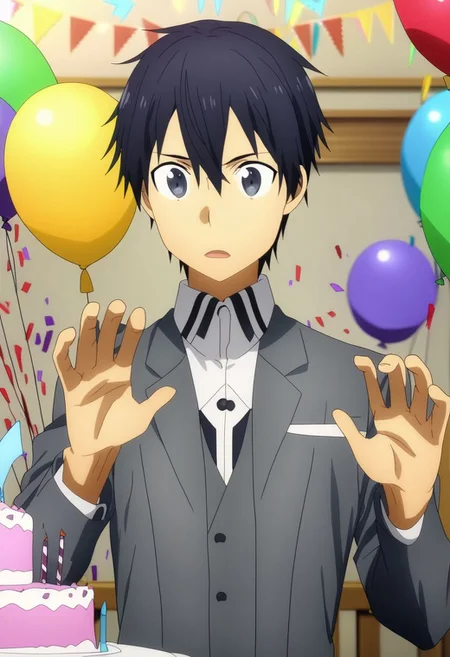 high resolution, professional photography, solo, best quality, 1Boy, Kazuto Kirigaya, Black Hair, Black Eyes, surprise, birthday surprise, funny, birthday cake, birthday party, OverallDetail