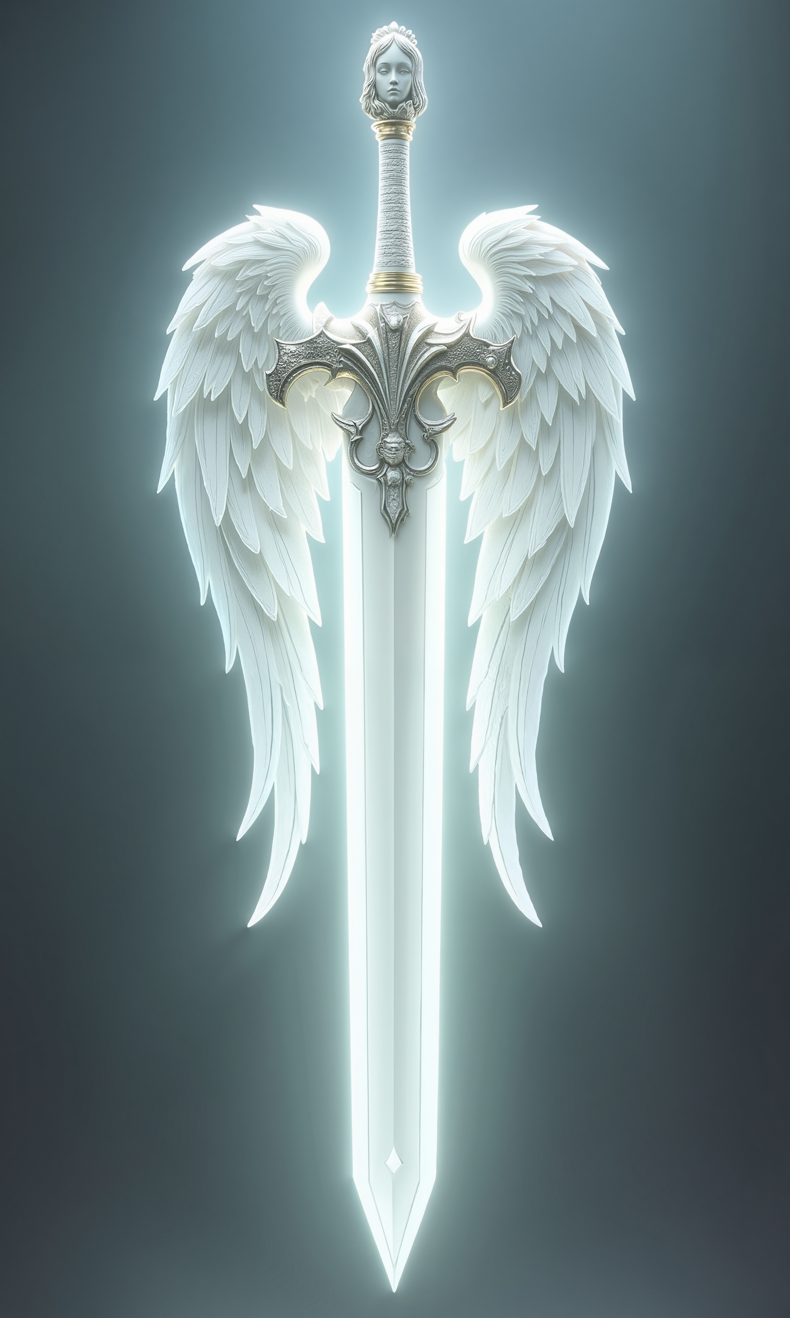 In a radiant fantasy setting, a divine white angelic sword stands as a symbol of purity and celestial power. The blade is immaculate and glowing, crafted with elegant curves and ethereal grace. Its guard is shaped like a pair of outstretched angel wings, finely detailed with feather-like engravings that shimmer with a soft, heavenly light. At the pommel, an angelic face is sculpted in serene expression, radiating calm and compassion. The entire sword emanates a sacred aura, as if blessed by divine hands, embodying light, justice, and the will of the heavens.