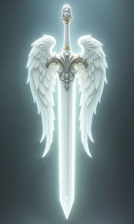 In a radiant fantasy setting, a divine white angelic sword stands as a symbol of purity and celestial power. The blade is immaculate and glowing, crafted with elegant curves and ethereal grace. Its guard is shaped like a pair of outstretched angel wings, finely detailed with feather-like engravings that shimmer with a soft, heavenly light. At the pommel, an angelic face is sculpted in serene expression, radiating calm and compassion. The entire sword emanates a sacred aura, as if blessed by divine hands, embodying light, justice, and the will of the heavens.