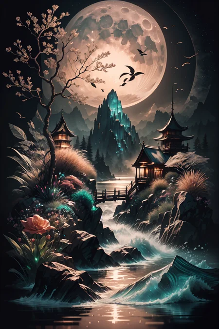 <lora:Calligraphy-ink-style-darquelilly-v1:1> calligraphyinkstyle, different flowers and gemstones, diamonds, rubies, zirkons, emeralds, aquamarins, harmonic fusion, volumetric lighting, night time, moonlight reflects in the water, black background, <lora:Crystals:0.7> crystalz