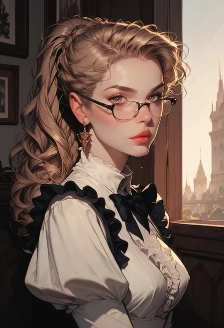 score_9, score_8_up, score_7_up, masterpiece, best quality, amazing quality, very aesthetic, high resolution, ultra-detailed, absurdres, scenery, photorealistic, Rembrandt lighting, chiaroscuro, 1girl, brown eyes, long wavy blonde hair, ponytail, sidelocks over shoulder, looking at viewer, frilled dress, classic french gothic maid, puffy sleeves, medium breasts, black bowtie, wearing glasses, BREAK, depth of field, photorealistic details, volumetric lighting