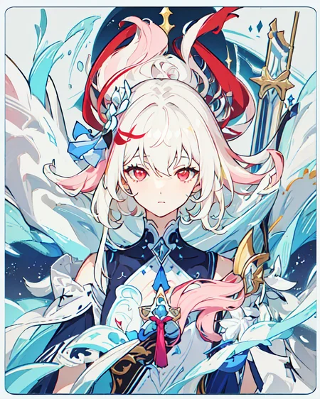 ((masterpiece)), ((high detail)), 1girl, ((ultra-detailed)),((delicate face)), Beautiful detailed eyes, (White blonde hair in gradations with red highlights,gradient hair),long hair, floating hair, ,hairs between eyes, GSHead,1girl ,solo,red eyes,genshin_impact,look at the viewer, <lora:gsr:0.7>,, ((white background)), (Tarot cards border, outside border), ,<lora:tachi-e:1>,Wide Angle shot, strong light and shadow, cinematographic lens,((Floating and flying in the sky,with cotton-like clouds)),((pink cloud surround)) ,<lora:tachi-e:1:XYZ>