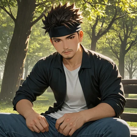 a man using denim jacket, white shirt, and jeans sitting on park, asian man, amirrama, (1boy, black hair, spiked hair, brown eyes, headband, facial hair, shirt, pants,), upper body, perfection style, perfection, perfect