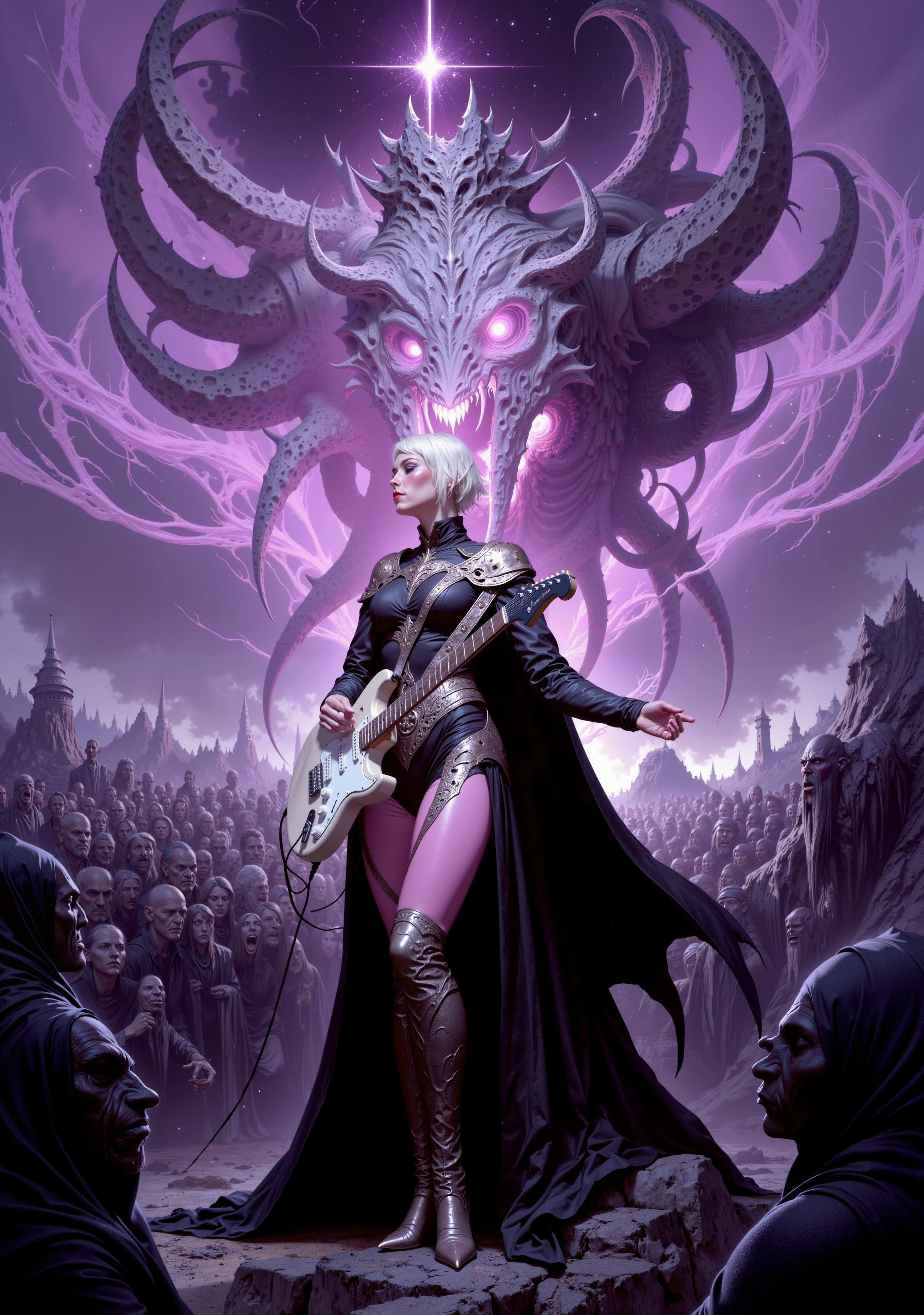 woman as Nyarlathotep's negotiator playing epic (electric guitar) solo in front of huge crowd, wearing black leather suit and pink leggings, monochrome tones, blurred setting, dark atmosphere, standing on stage, epic pose, purple sparks from electric guitar, (mesmerized crowd), lovecraftian horror {prompt} . eldritch, cosmic horror, unknown, mysterious, surreal, highly detailed