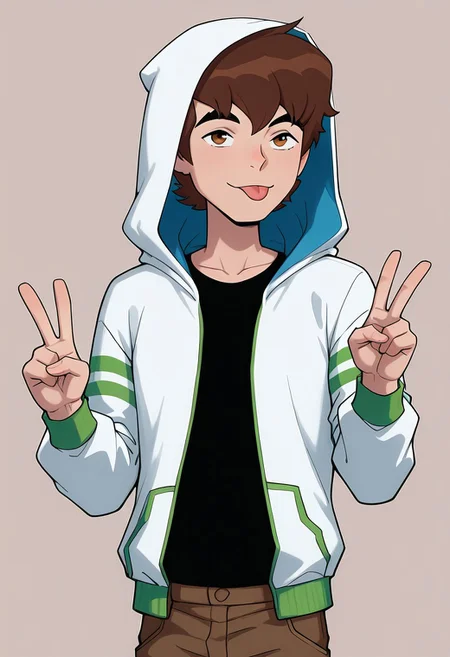 masterpiece, best quality, amazing quality, very aesthetic, absurdres, newest,
benov, short hair, brown hair, 1boy, solo,, thick eyebrows, brown cargo pants,
, black shirt,
, white hoodie,, long sleeves, open shirt, simple background, peace sign, tongue out, upper body, hood up, white hood