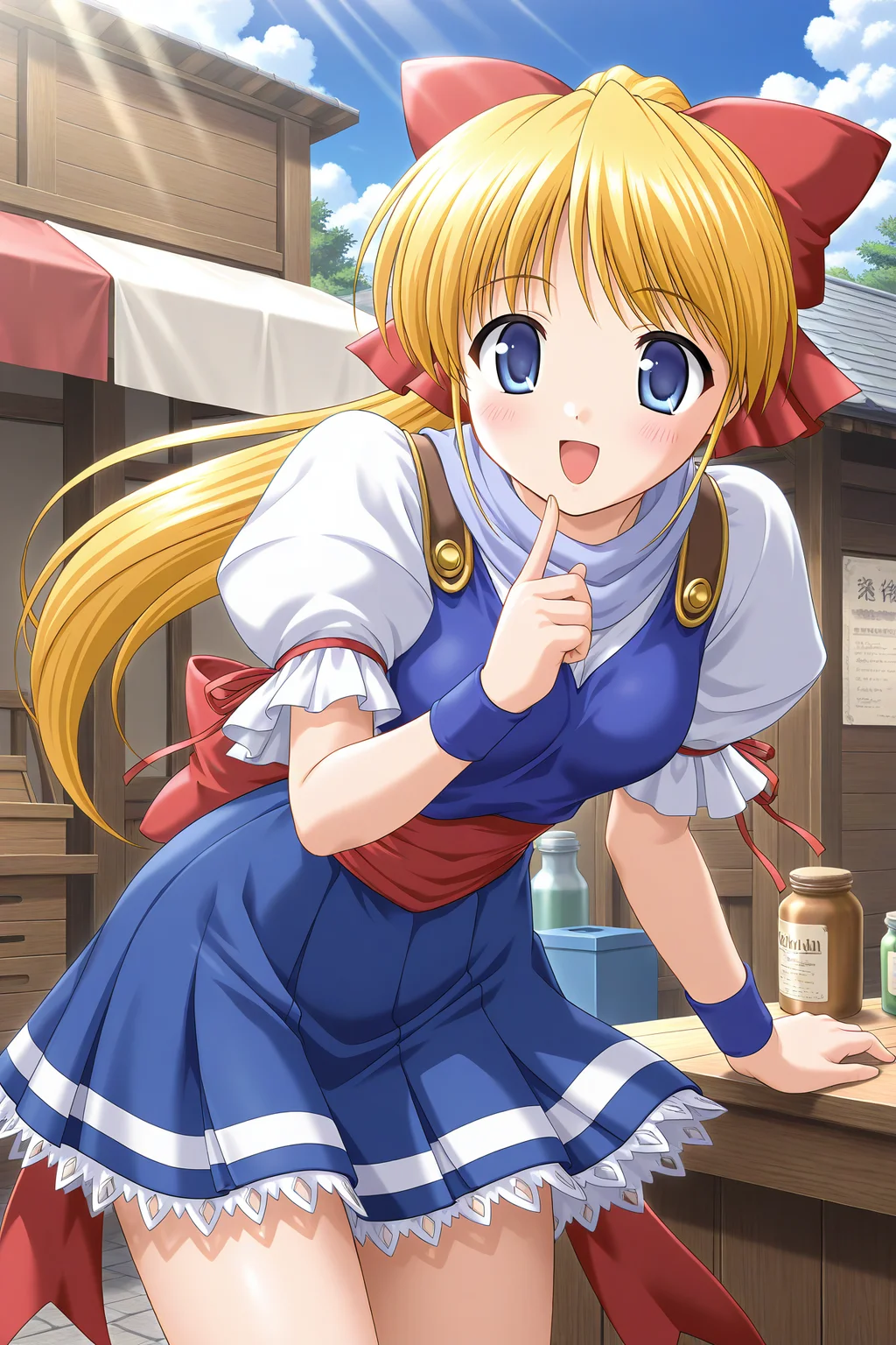 masterpiece, best quality, absurdres, official art, official style, zPDXL2, zPDXLxxx, rating sensitive, sexually suggestive, nsfw, uncensored BREAK <lora:leticiaapple_IL_v1-1:0.7>, leticia apple, 1girl, solo, blue eyes, blonde hair, very long hair, high ponytail, small breasts, hair bow, large bow, red bow, casual, light purple scarf, blue tank top, white shirt, puffy short sleeves, red ribbon, arm ribbon, wristband, red sash, back bow, blue skirt, miniskirt, pleated skirt, lace-trimmed skirt, petticoat, blush, smile, :d, open mouth, leaning forward, day, bottle, finger to mouth, box, sunlight, outdoors, dutch angle, index finger raised, happy, jar, light rays, thinking, sunbeam, cloud, shop, cowboy shot, standing, floating hair, blue sky