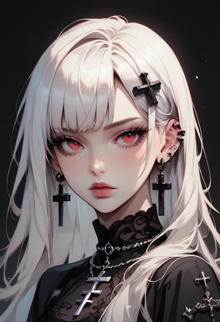 score_9, score_8_up, score_7_up,Goth girl, Goth girl 1girl 1girl,solo,long hair,looking at viewer,bangs,simple background,red eyes,dress,jewelry,upper body,white hair,earrings,parted lips,black dress,piercing,cross,black background,ear piercing,,cross earrings,latin cross, <lora:[GP] somethingweird [Pony XL]:0.2>, <lora:g0th1cPXL:0.3>, <lora:Concept Art Twilight Style SDXL_LoRA_Pony Diffusion V6 XL:0.8>, <lora:Goth_girl_XL-v2:0.8>