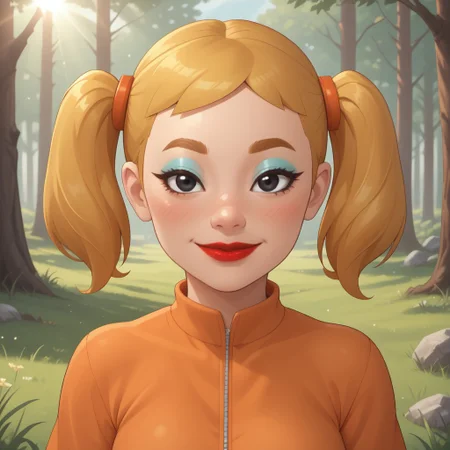 score_9, score_8, BREAK, solo, mii, wii, wii sports, 1girl, female mii, cute, attractive, blonde hair, twintails, dark blonde eyebrows, makeup, blush, blue eyeshadow, red lips, lipstick, orange clothing, white pants, breasts, Nintendo Mii, modern_mii, classic_mii, Midoriya_(OC_Mii), black eyes sexy pose, smile, outdoors, sunlight, shadows, evening lighting, natural lighting, forest, trees, grass, orange sky, sunset
