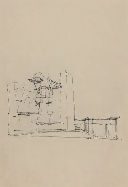 a professional hand sketch of architecture,
(POV view , DOF, first people view from the entrance, low angle shot:1.4),
(Ancient civilization, Alien Prometheus movie scene, dune movie scene:1.5), (The colonial city of the future, in the mist-filled Grand Canyon, on an unknown Earth-like planet, 2 moon on sky, Spaceship flight connects colonies, waterfulls:1.3), (Machu Picchu, a mountain settlement, incredibly spectacular:1.2), (Mario Botta:1.3), (avant-garde, future, reality, science fiction, photorealistic), (modern architecture:1.2), White limestone with black granite, fountain, waterfall, landmark, square, path, narrow street,
(Large Files, Ultra Realistic, 8K, 16k, FHD, HD, VFX, Perfect, Photography, composition, Architecture Sales Photography, Architecture Competition, Ultra High Resolution, Cinematography, High Resolution Image:1.1), (dramatic lighting, direct sunlight, ray tracing, clear shadow:1.2),  (real landscape:1.1), (blurred background:1.0), (urban background, more_details) ,
great lighting, extremely detailed, hillscastel, Neo Classic, Architecture sketch