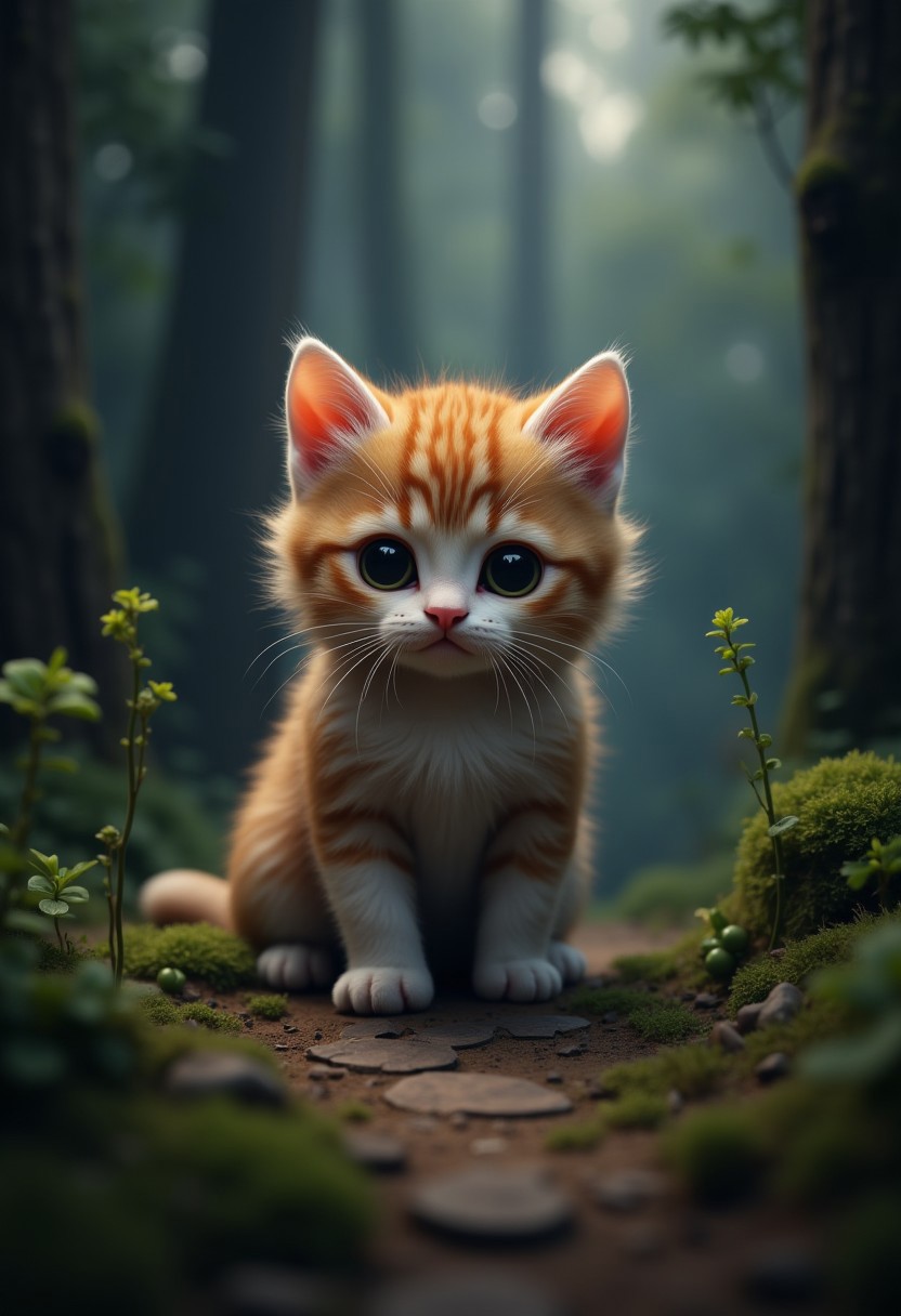photorealistic,. a realistic fluffy kitten, Illiminated title "My Flux Didn't Get Debited" in front him. surrounded dark forest. very detailed, amazing quality, intricate, cinematic light, highly detail, beautiful, cinematic lighting,, in the middle of small path between trees and rare plants, 3d cg, 8k