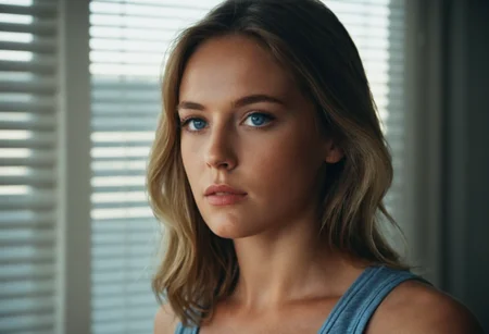 woman, blue eyes, tank top, blinds, highly detailed, 4K, (grainy 35mm photo)