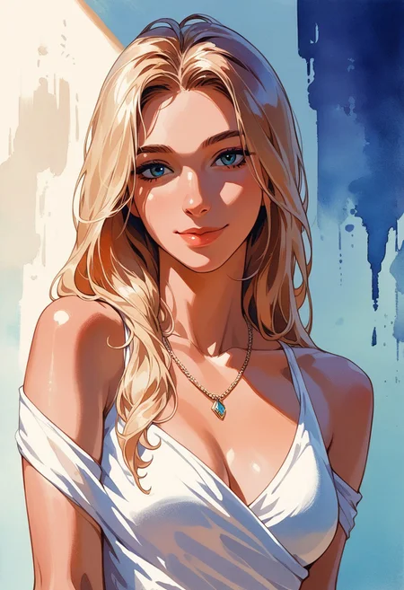 score_9, score_8_up, score_7_up, score_6_up, source_cartoon, 1girl, female, solo, femenine, petite, lean, pale skin,, soaking wet hair, smile, diaphonous white dress, bronze necklace, medium breasts, female focus, official style, close up, perfect anatomy, perfect face, standing,  abstract beauty, beautiful, centered, looking at the camera, approaching perfection, dynamic, moonlight, highly detailed, watercolor painting, artstation, concept art, smooth, sharp focus, illustration, portrait