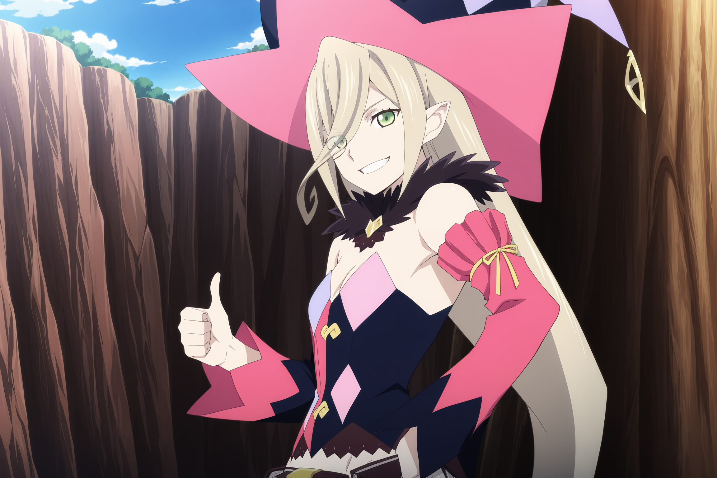 anime screencap, anime coloring, detailed face, masterpiece, best quality, very aesthetic, absurdres, volumetric lighting, official style, amazing quality, ultra detailed,  highres, amazing quality, scenery, beautiful detailed hair, beautiful detailed eyes,
<lora:StS-Illustrious-Detail-Slider-v1.0:4>
 <lora:Magilou_Tales_of_Berseria:.8>
outside, trees, blue sky,
Magilou (character), 1girl, pink sleeves, solo, long hair, blonde hair, hat, detached sleeves, green eyes, open mouth, asymmetrical sleeves, looking at viewer, pointy ears, hair between eyes, red, cleavage, (girl giving the viewer a thumbs up:1.2), cowboy shot, grin, open mouth, from the side,