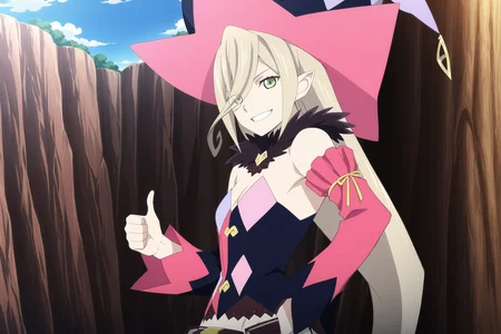 anime screencap, anime coloring, detailed face, masterpiece, best quality, very aesthetic, absurdres, volumetric lighting, official style, amazing quality, ultra detailed, highres, amazing quality, scenery, beautiful detailed hair, beautiful detailed eyes,
<lora:StS-Illustrious-Detail-Slider-v1.0:4>
<lora:Magilou_Tales_of_Berseria:.8>
outside, trees, blue sky,
Magilou (character), 1girl, pink sleeves, solo, long hair, blonde hair, hat, detached sleeves, green eyes, open mouth, asymmetrical sleeves, looking at viewer, pointy ears, hair between eyes, red, cleavage, (girl giving the viewer a thumbs up:1.2), cowboy shot, grin, open mouth, from the side,