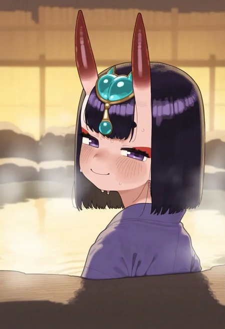 masterpiece, best quality, good quality, shutenanon,
fate \(series\), fate/grand order, shuten douji \(fate\), 1girl, black hair, half-closed eyes, headpiece, horns, japanese clothes, kimono, looking at viewer, oni, purple eyes, short hair, sketch, skin-covered horns, smile, solo, upper body, outdoors, onsen, ,
<lora:ai_styles_collection_noob_vpred-0.6_v3:1>