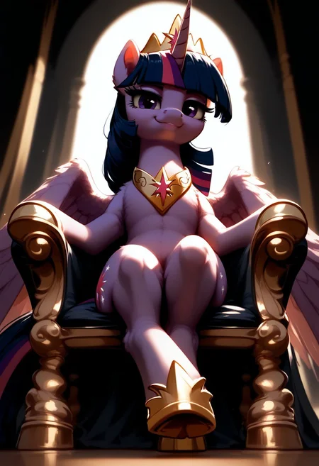 rating_questionable, score_9, score_8_up, score_7_up, pony, feral, alicorn, princess twilight sparkle, wings, big size, sitting on Theone, sitting on a throne, legs crossed, portrait, smug smile, throneroom, look at viewer, crown, from below, hooves, bright lighting, detailed, realistic, BREAK, zPDXL3, MegaFluffyPony, fluffy, shiny,