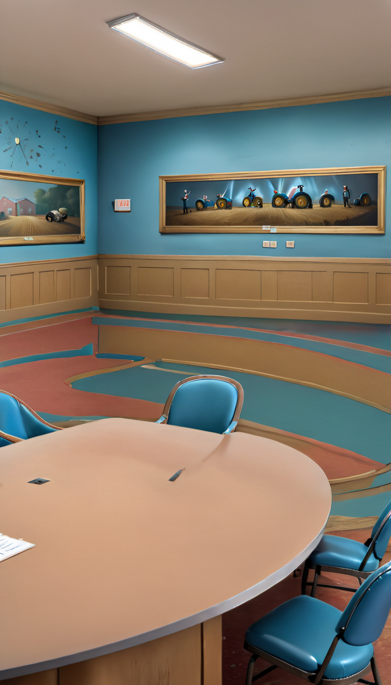 <lora:Everly_Heights_Backgrounds_New_Settings:1> An old dusty boarded-up conference room with a large oval table surrounded by blue chairs. The walls are adorned with faded paintings of farmers with torches terrorizing the town theater. Abandoned room, lost to time.