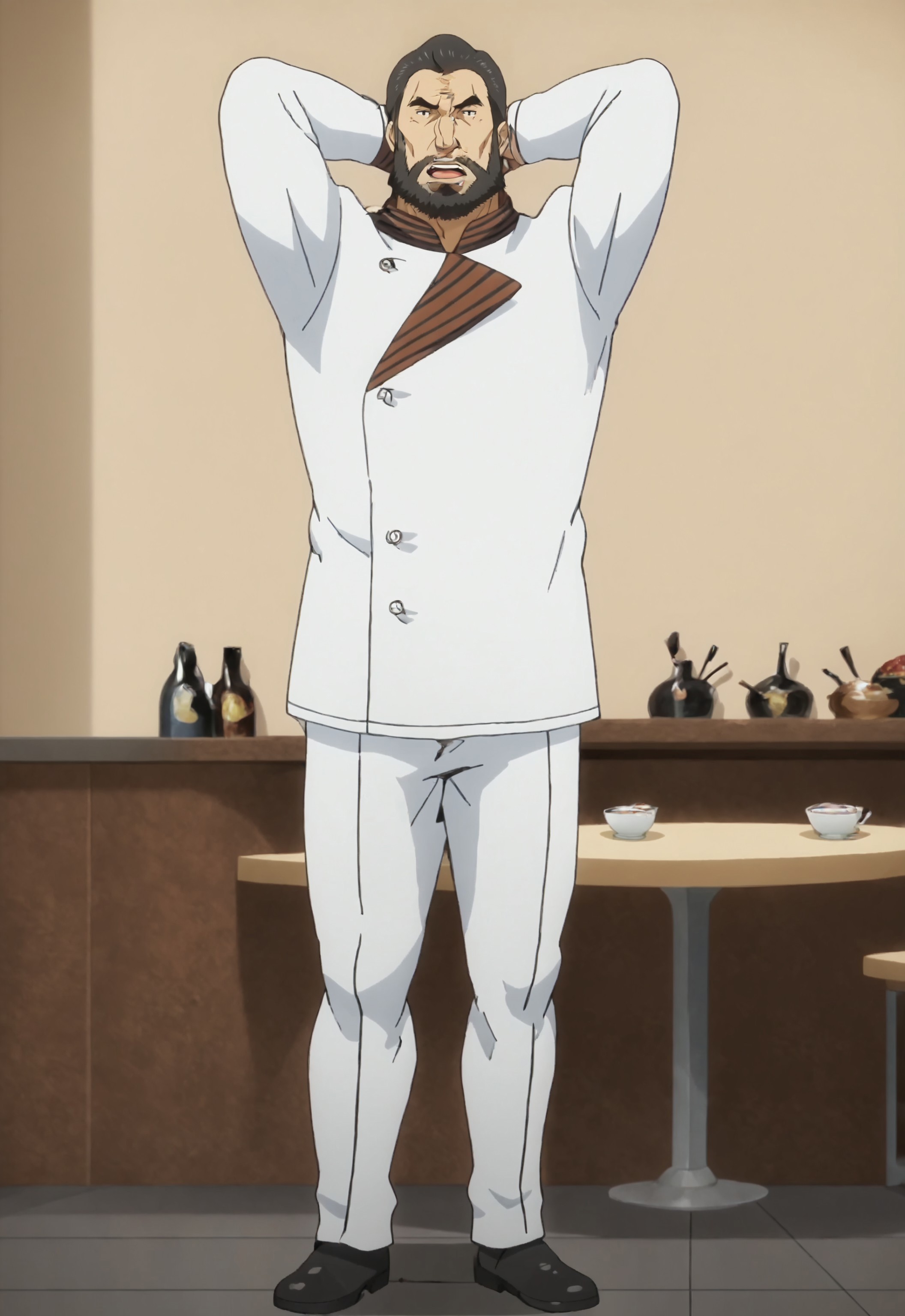 safe_pos, safe_pos, score_9, score_8_up, rating_nsfw, ultra hd, absurdres, best quality, best aesthetic, masculine, solo, 1boy, male focus, best anatomy, best eyes, detailed eyes, best hands, erotic, gay porn, hand with five fingers, mature male, anime screencap

FoodKasayama, beard, facial hair, chef, dark hair, short hair, Expressiveh, looking at viewer, detailed background, hands behind head, full body, restaurant background, dining room, open mouth, teeth, grinning