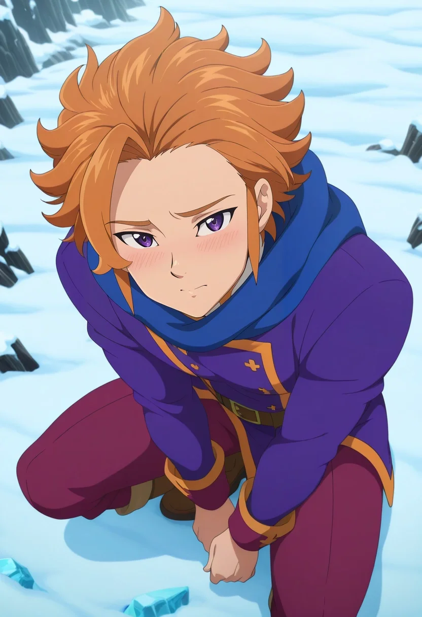 masterpiece, best quality, , anime screencap, anime coloring, official style, looking at viewer, 1boy, solo, male focus, <lora:arthur_pendragon_ilxl:0.94>, arthur_pendragon, orange hair, purple eyes, short hair, from above, snowy town, snow, ice, stalagmite, dawn, squatting, shy, blush, ,